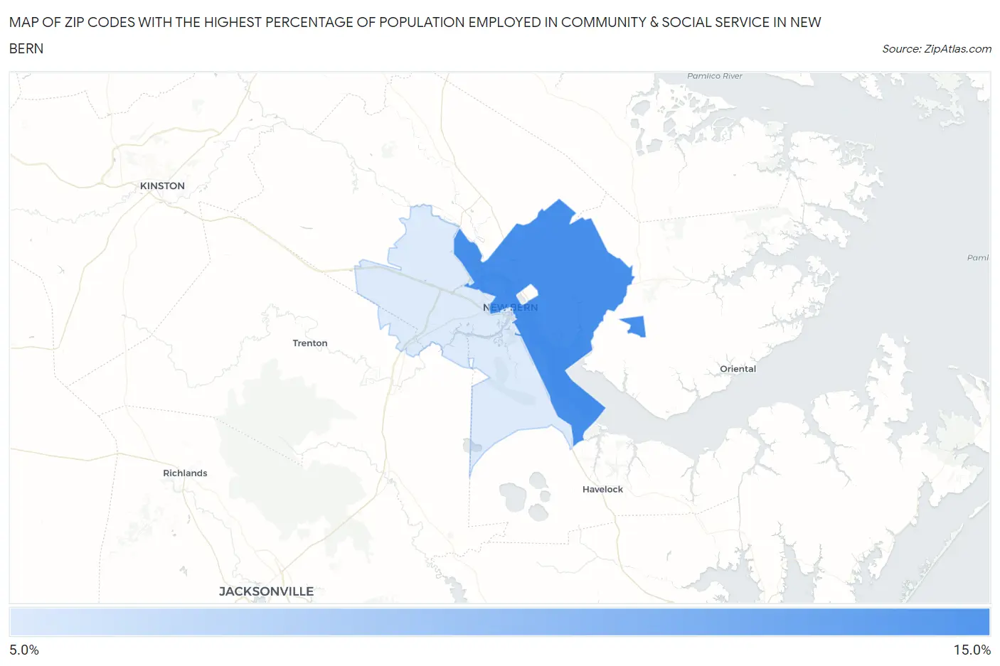 Zip Codes with the Highest Percentage of Population Employed in Community & Social Service  in New Bern Map