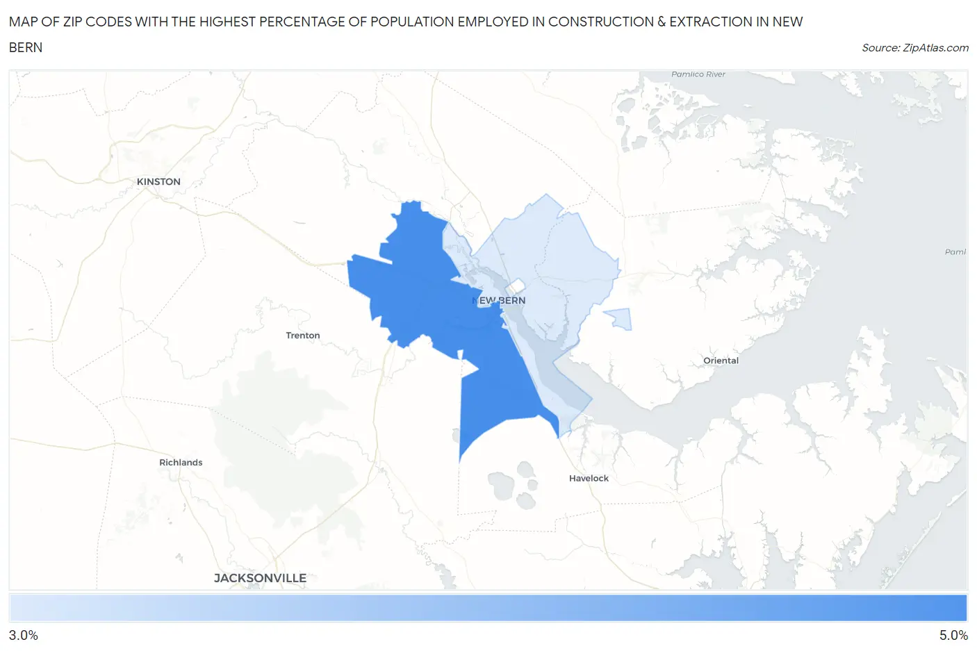 Zip Codes with the Highest Percentage of Population Employed in Construction & Extraction in New Bern Map