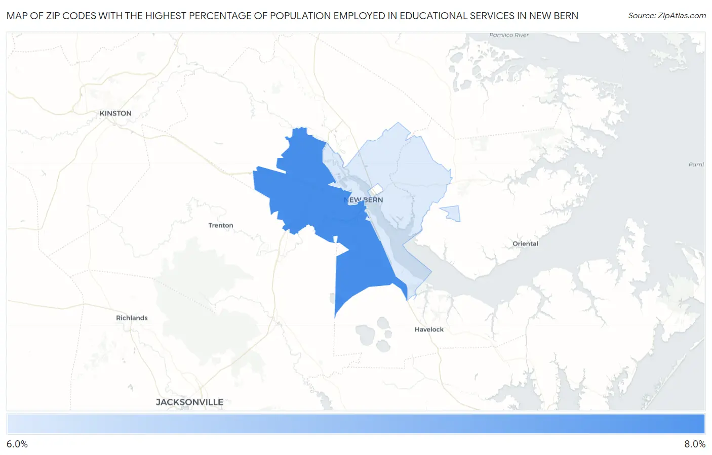 Zip Codes with the Highest Percentage of Population Employed in Educational Services in New Bern Map
