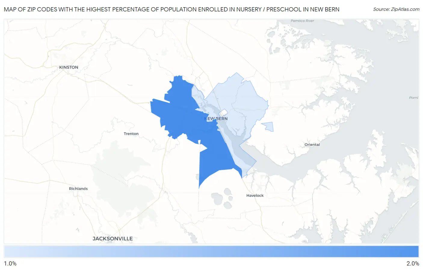 Zip Codes with the Highest Percentage of Population Enrolled in Nursery / Preschool in New Bern Map