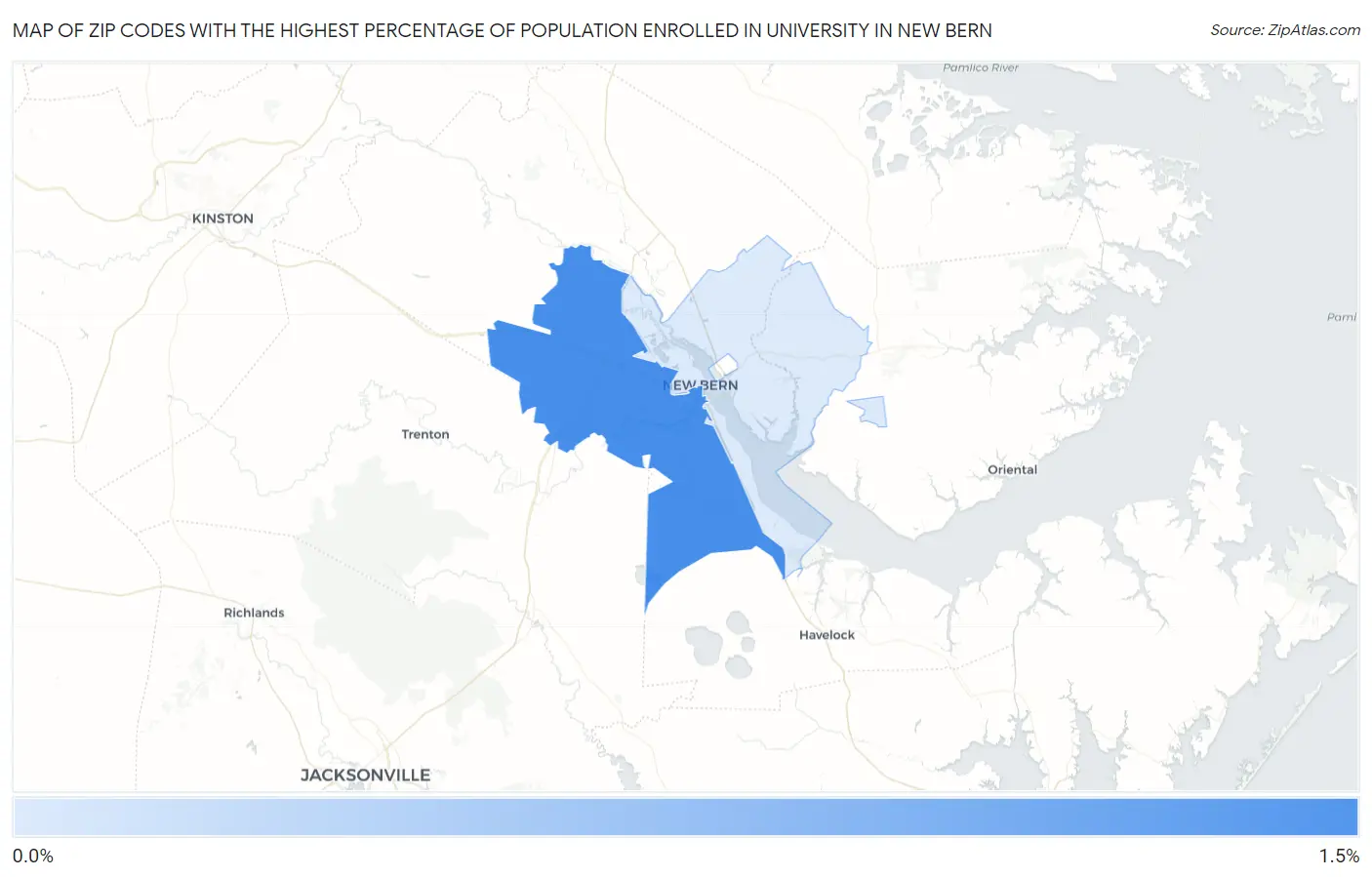 Zip Codes with the Highest Percentage of Population Enrolled in University in New Bern Map