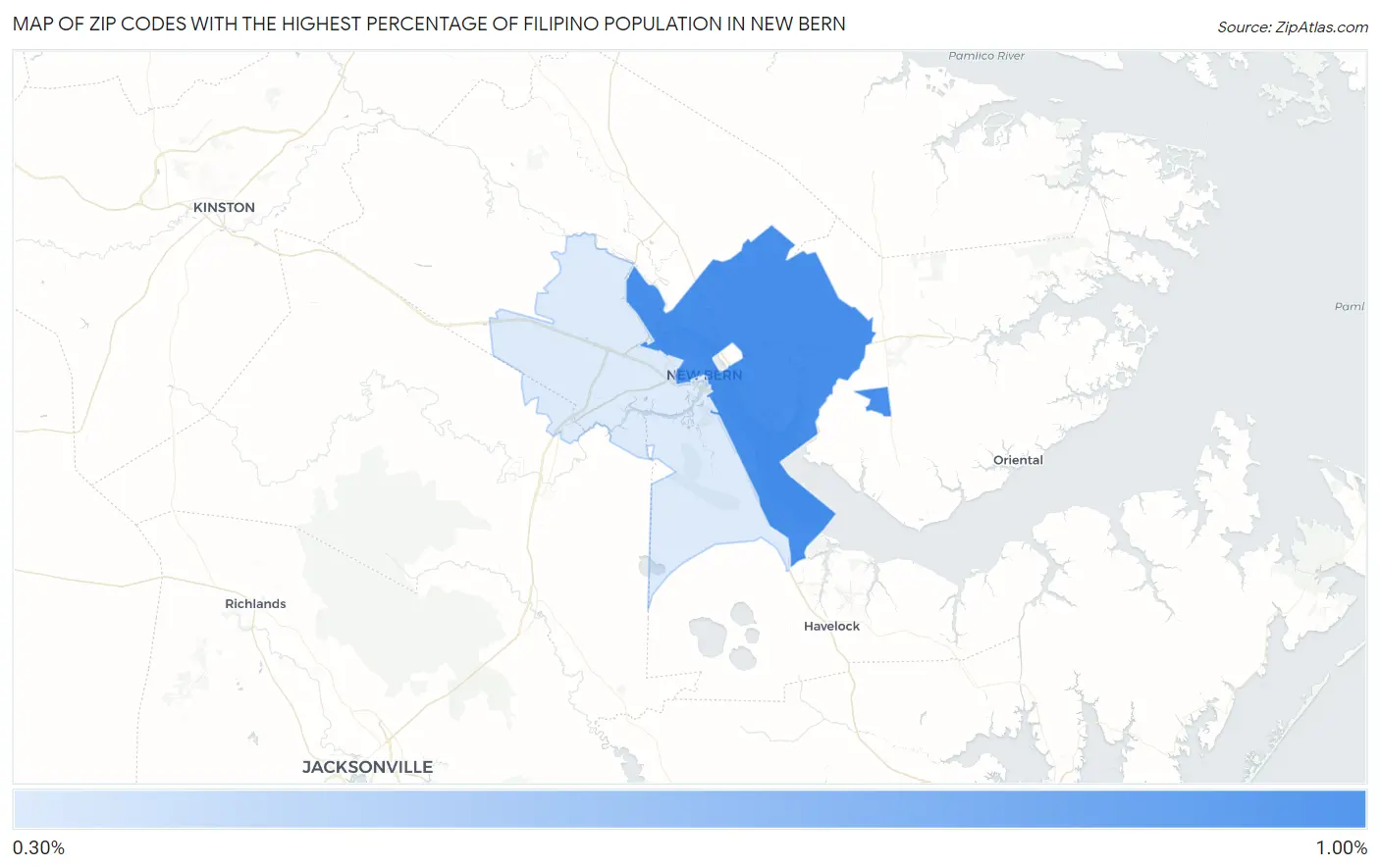 Zip Codes with the Highest Percentage of Filipino Population in New Bern Map