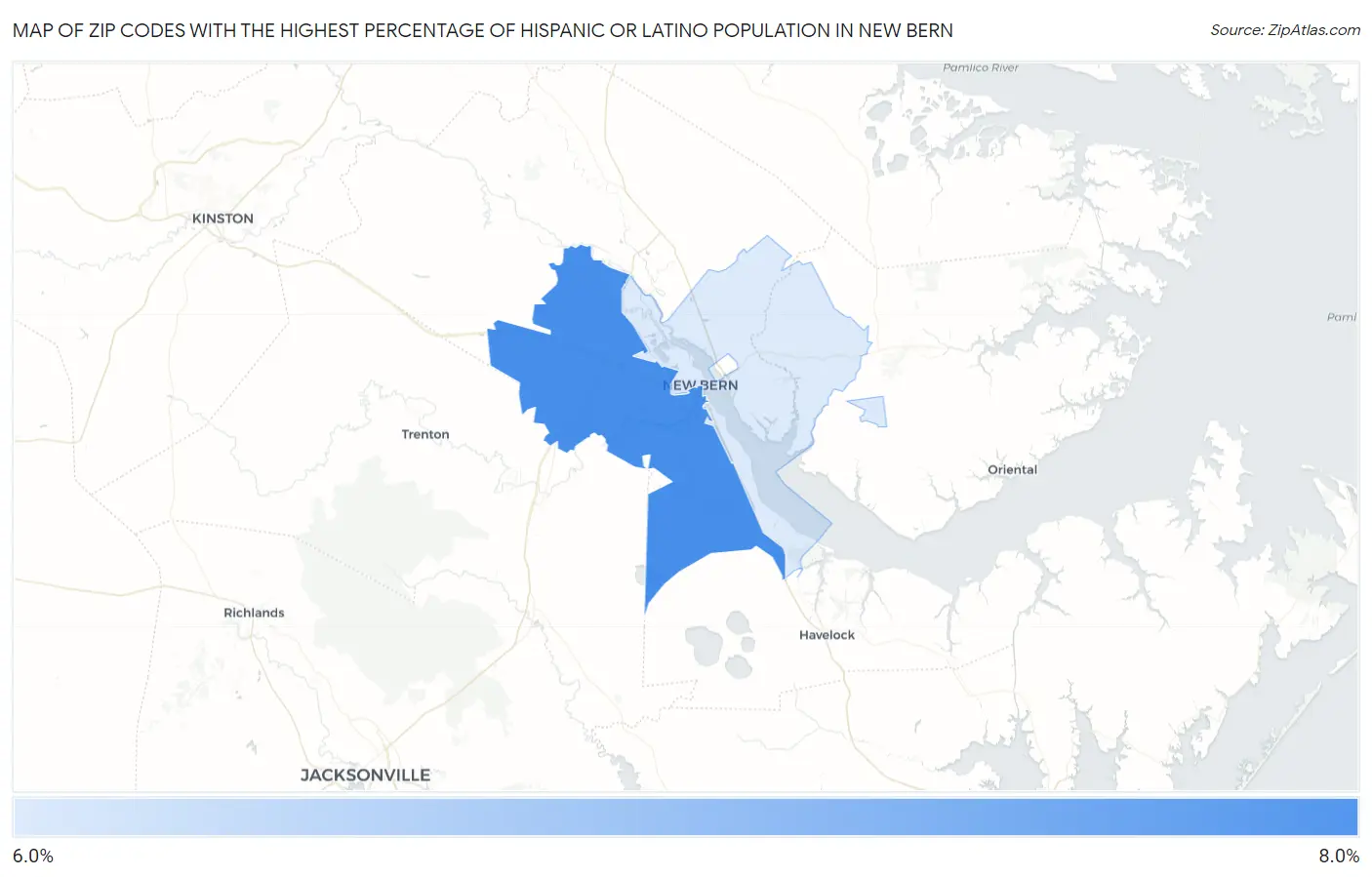 Zip Codes with the Highest Percentage of Hispanic or Latino Population in New Bern Map