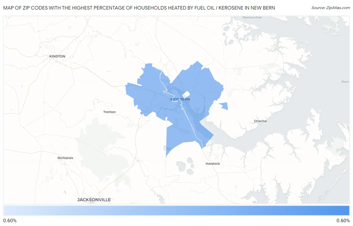 Zip Codes with the Highest Percentage of Households Heated by Fuel Oil / Kerosene in New Bern Map