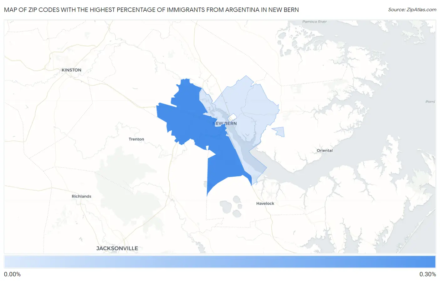 Zip Codes with the Highest Percentage of Immigrants from Argentina in New Bern Map