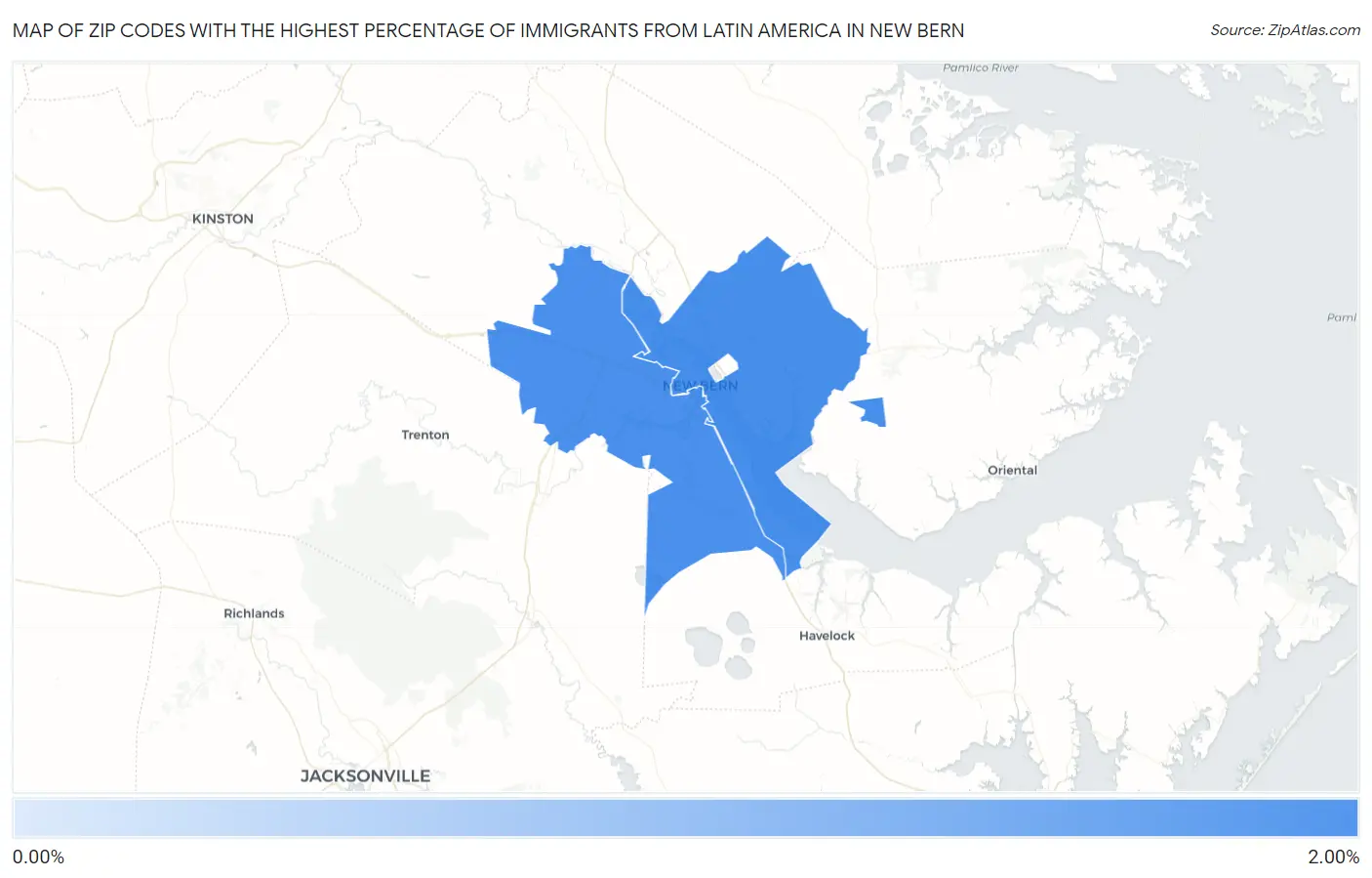 Zip Codes with the Highest Percentage of Immigrants from Latin America in New Bern Map