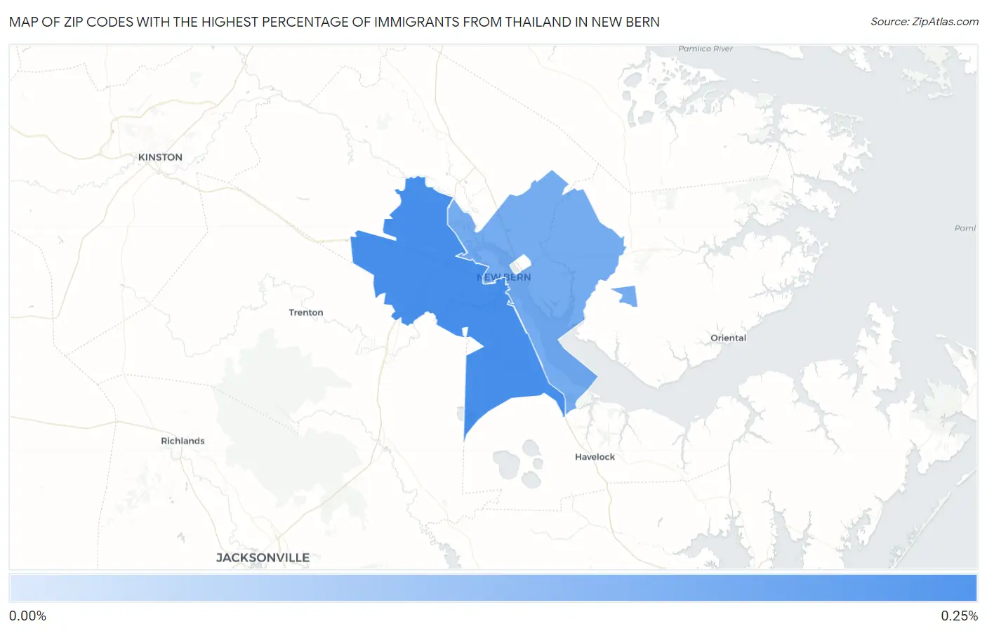 Zip Codes with the Highest Percentage of Immigrants from Thailand in New Bern Map
