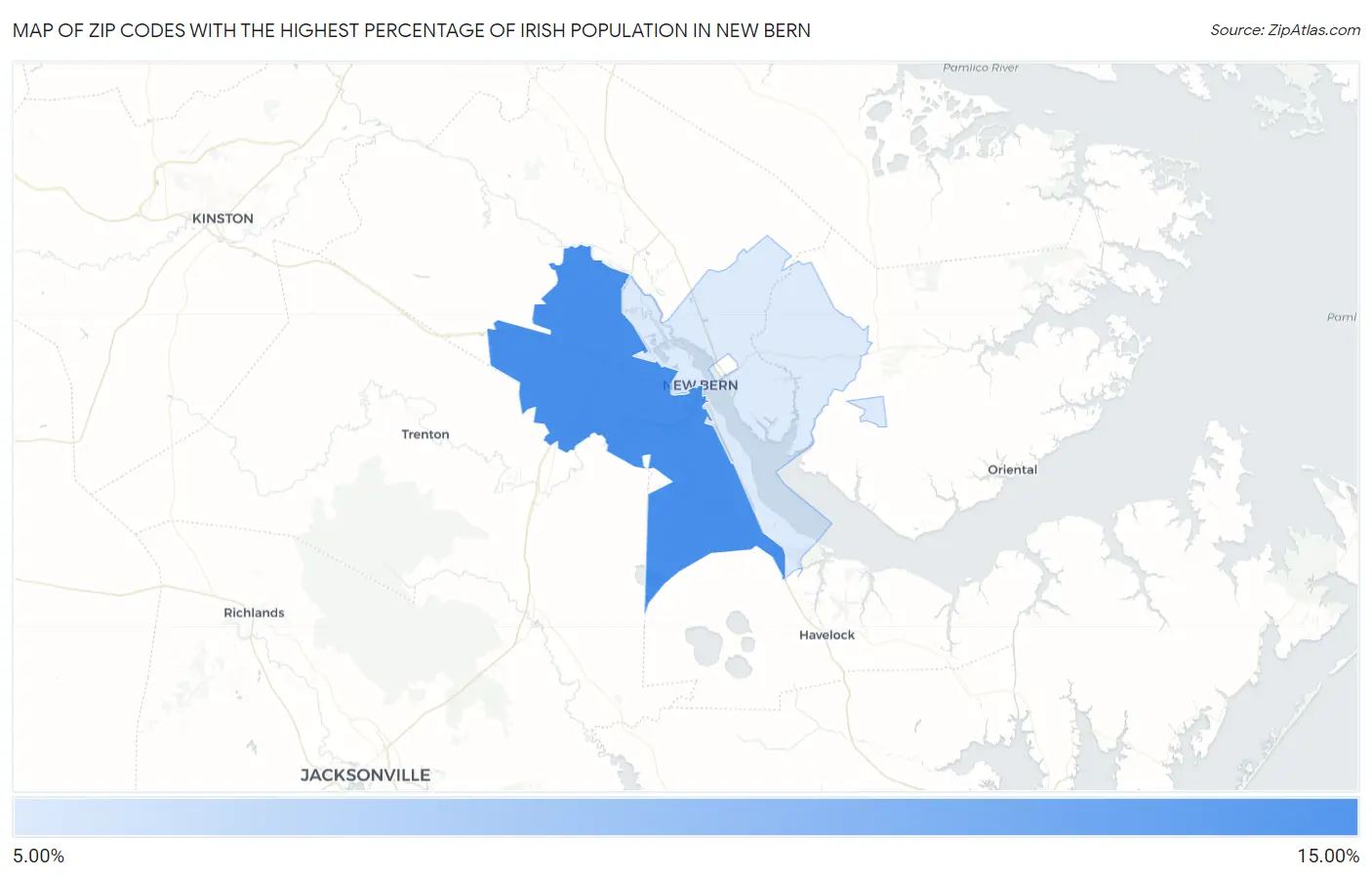 Zip Codes with the Highest Percentage of Irish Population in New Bern Map