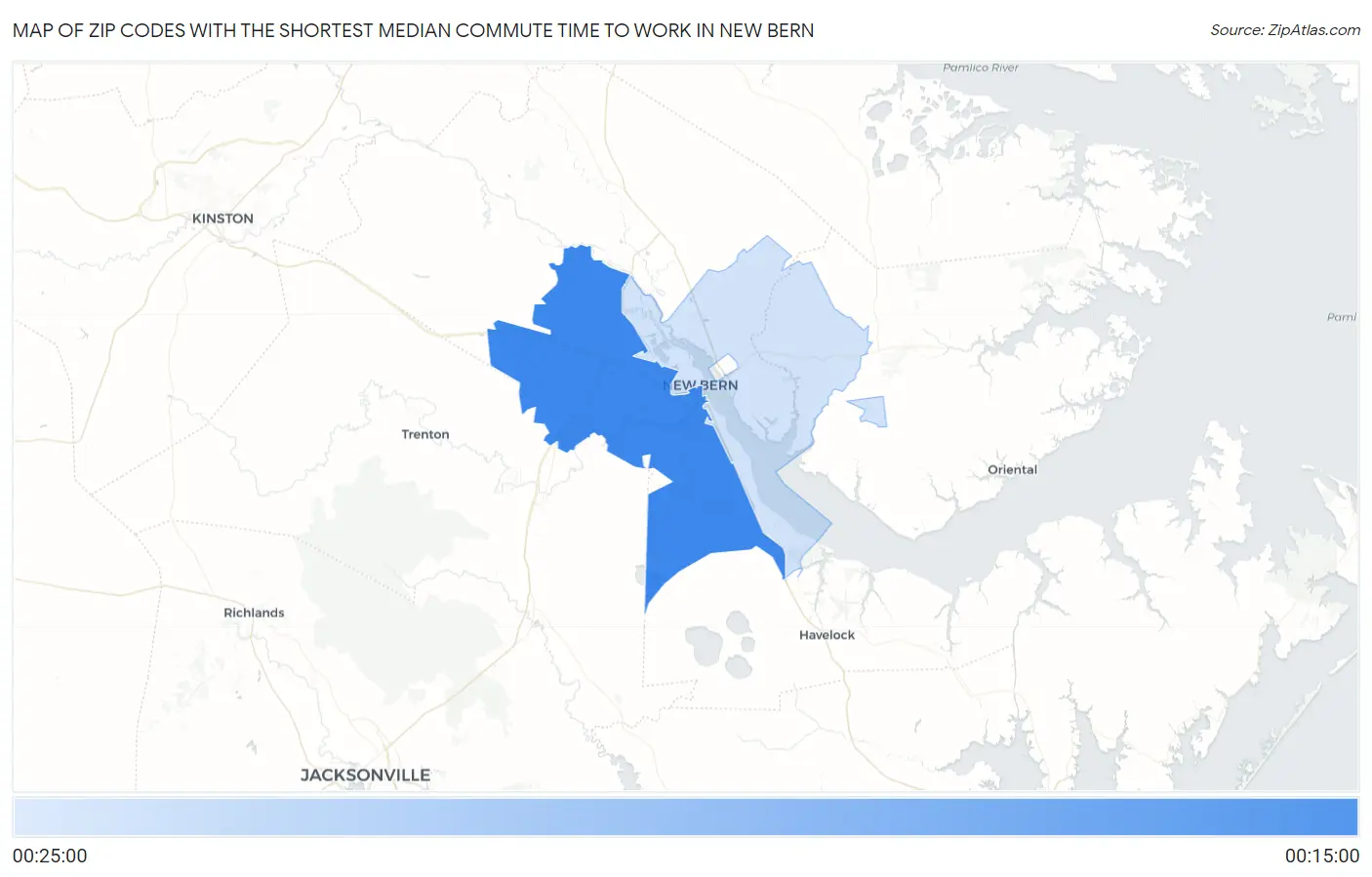 Zip Codes with the Shortest Median Commute Time to Work in New Bern Map
