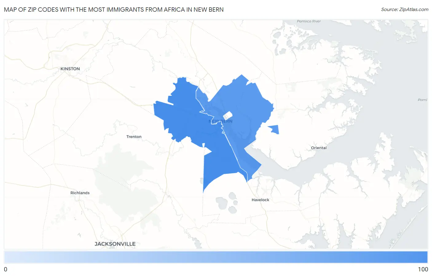 Zip Codes with the Most Immigrants from Africa in New Bern Map