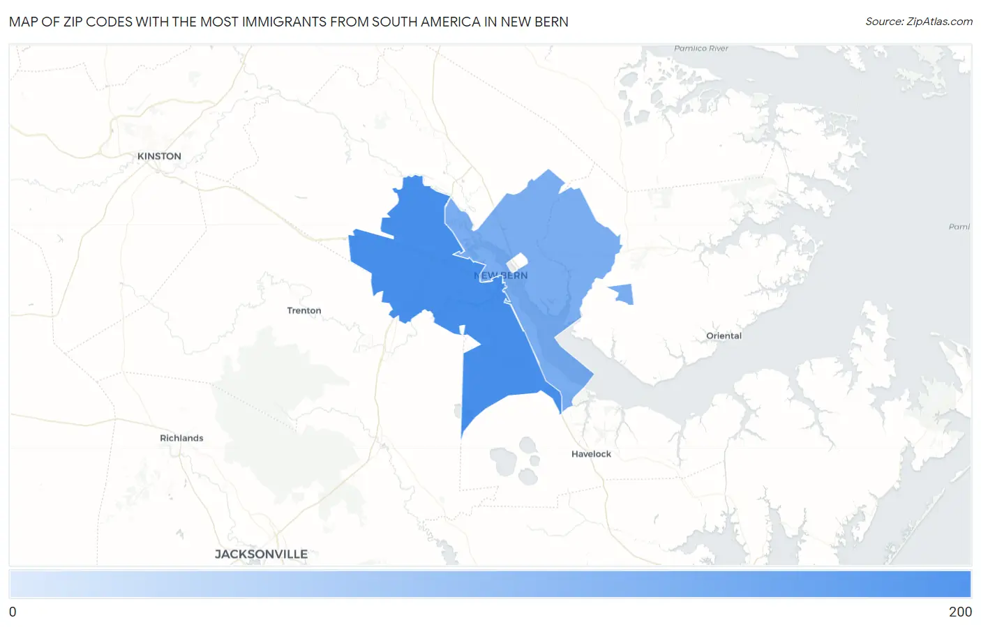 Zip Codes with the Most Immigrants from South America in New Bern Map