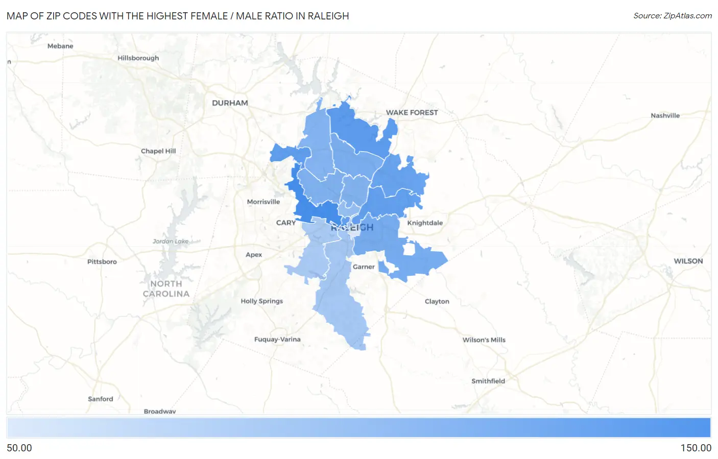 Zip Codes with the Highest Female / Male Ratio in Raleigh Map