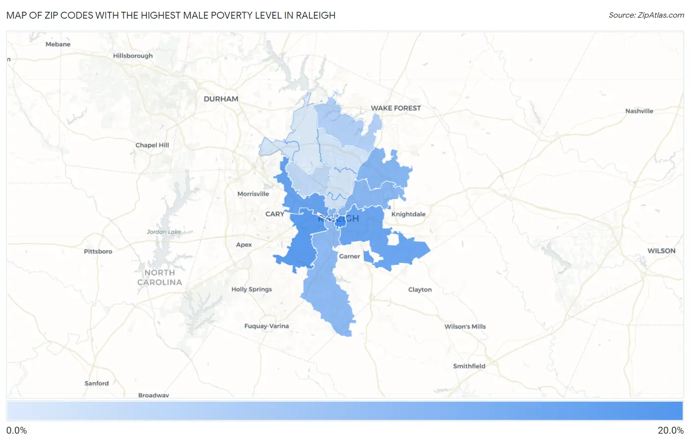 Zip Codes with the Highest Male Poverty Level in Raleigh Map
