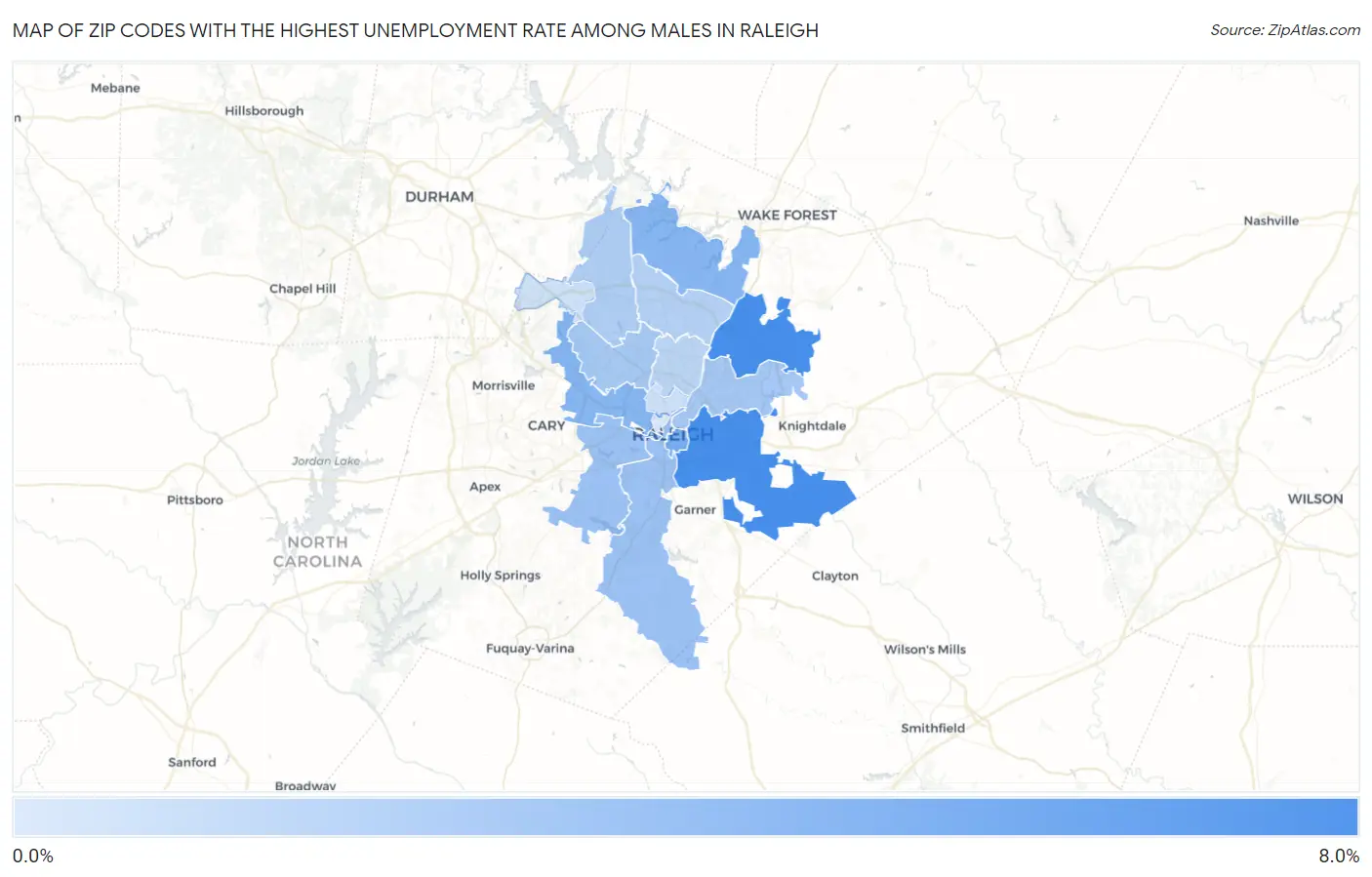 Zip Codes with the Highest Unemployment Rate Among Males in Raleigh Map