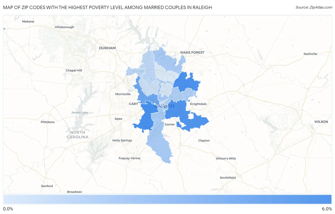 Zip Codes with the Highest Poverty Level Among Married Couples in Raleigh Map