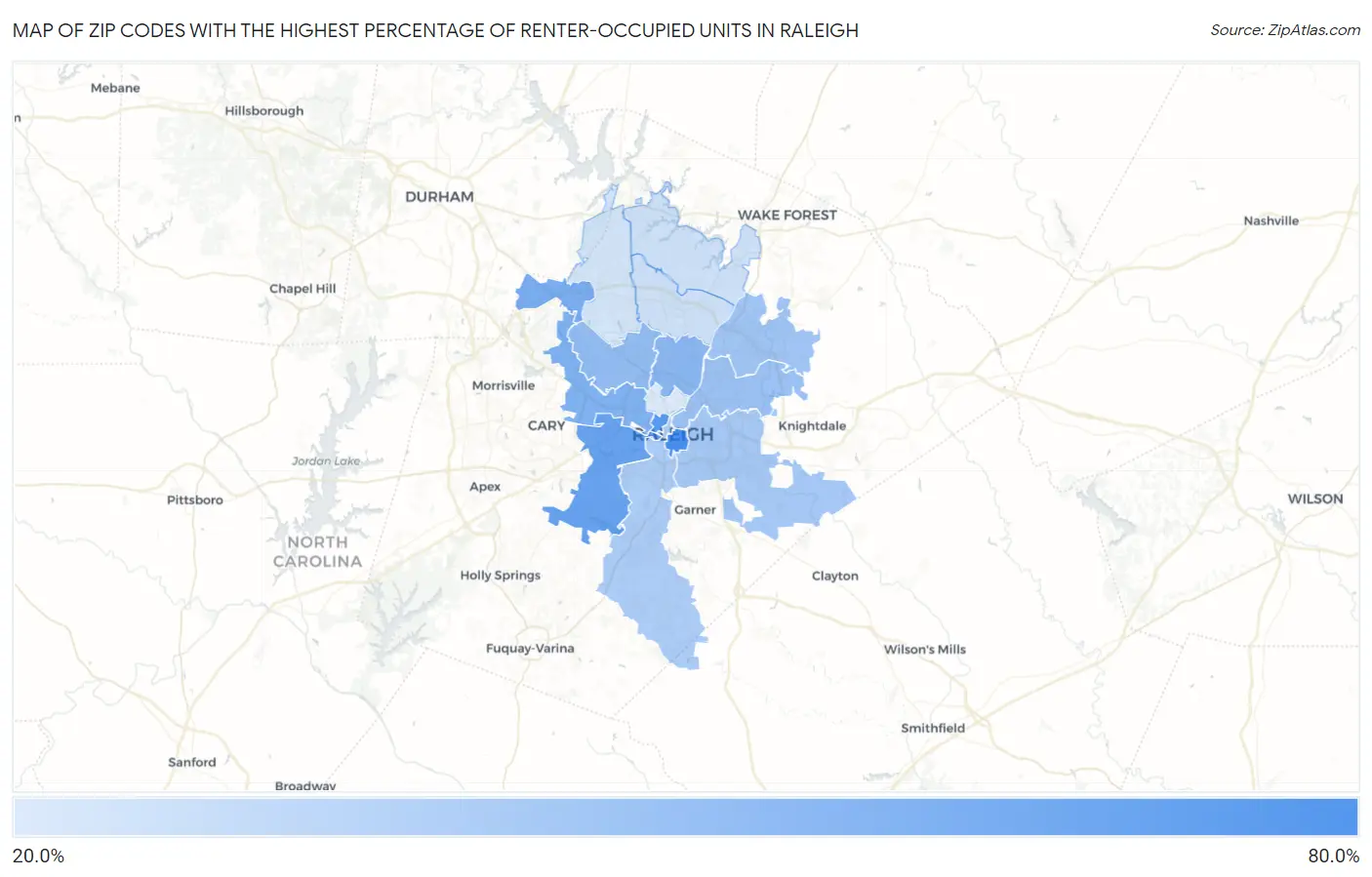 Zip Codes with the Highest Percentage of Renter-Occupied Units in Raleigh Map
