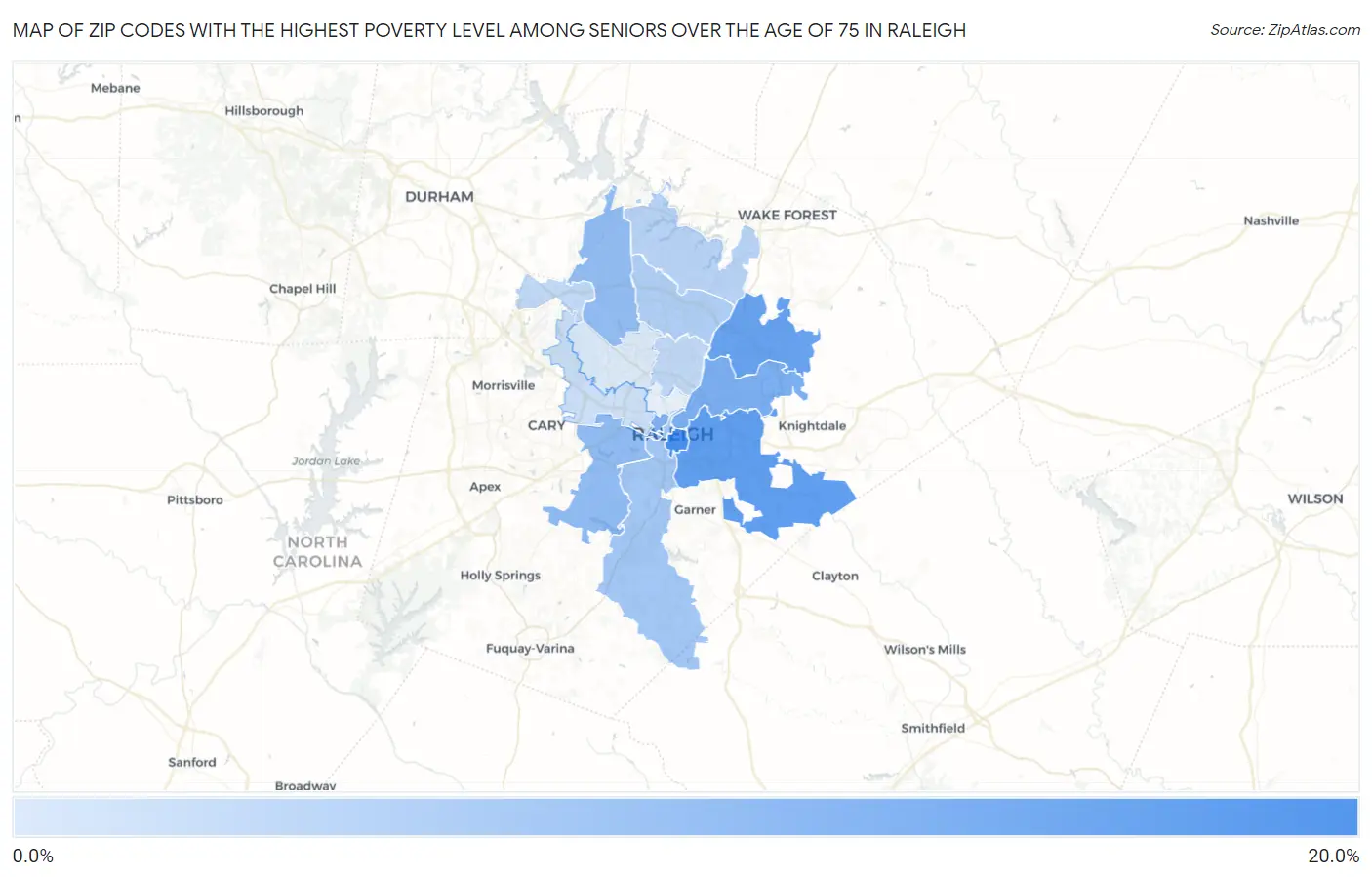 Zip Codes with the Highest Poverty Level Among Seniors Over the Age of 75 in Raleigh Map