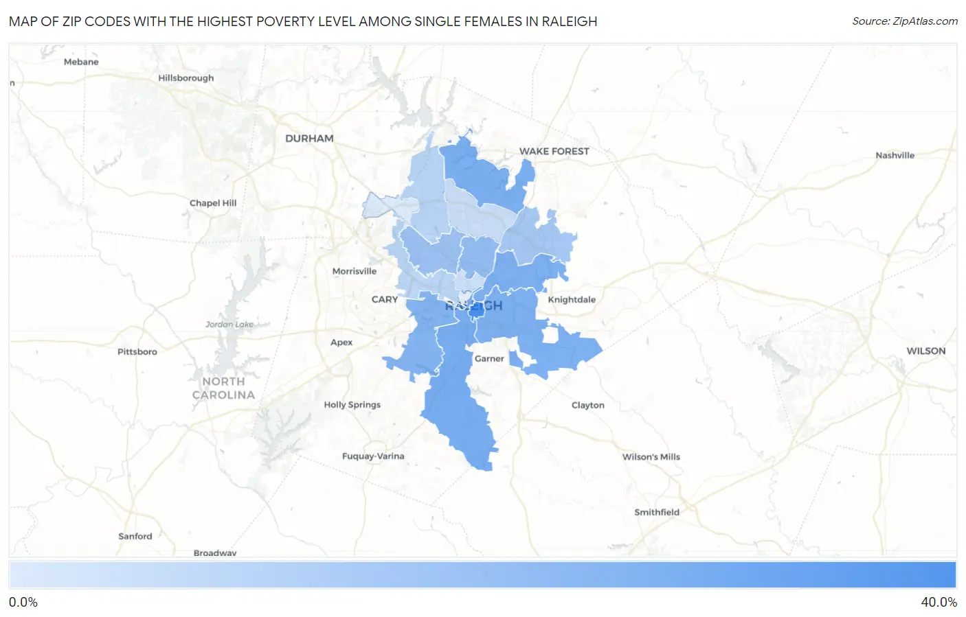 Zip Codes with the Highest Poverty Level Among Single Females in Raleigh Map