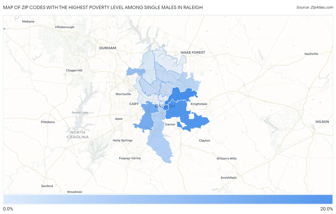 Zip Codes with the Highest Poverty Level Among Single Males in Raleigh Map