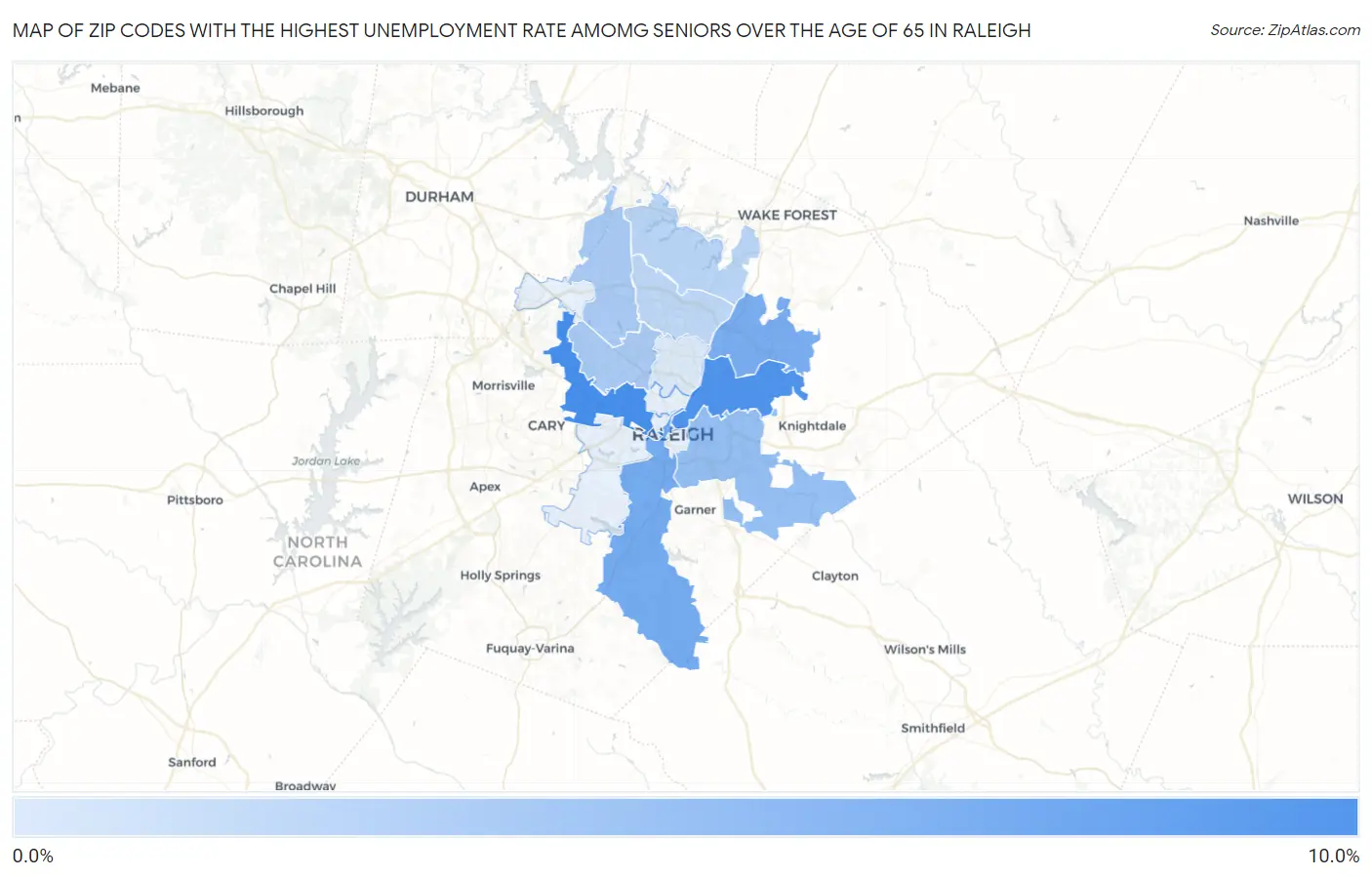 Zip Codes with the Highest Unemployment Rate Amomg Seniors Over the Age of 65 in Raleigh Map