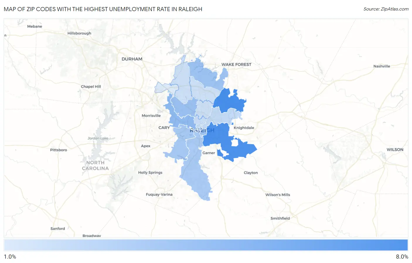 Zip Codes with the Highest Unemployment Rate in Raleigh Map