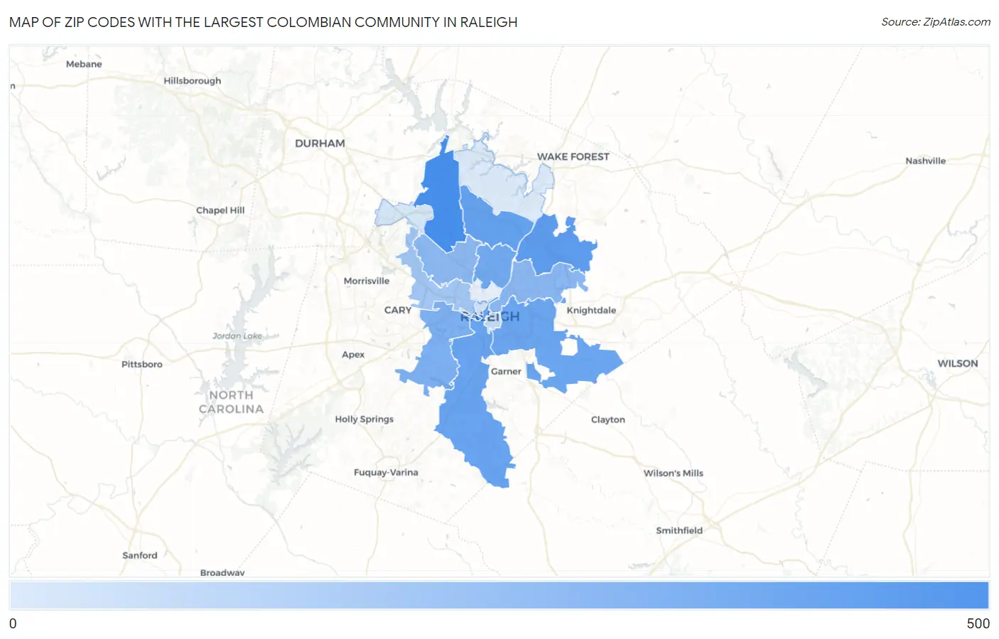 Zip Codes with the Largest Colombian Community in Raleigh Map