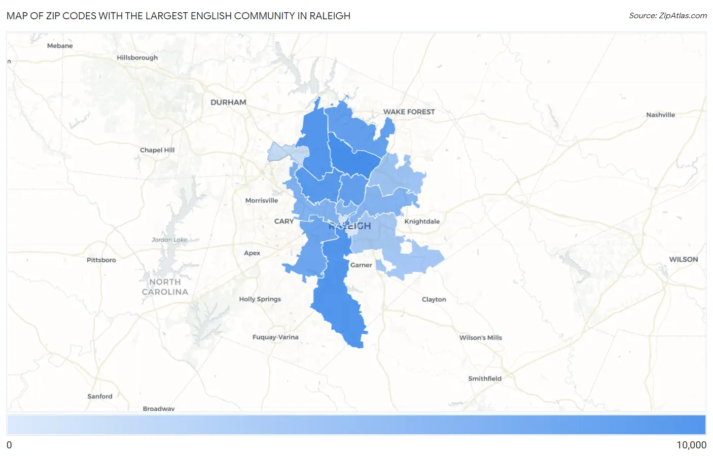 Zip Codes with the Largest English Community in Raleigh Map