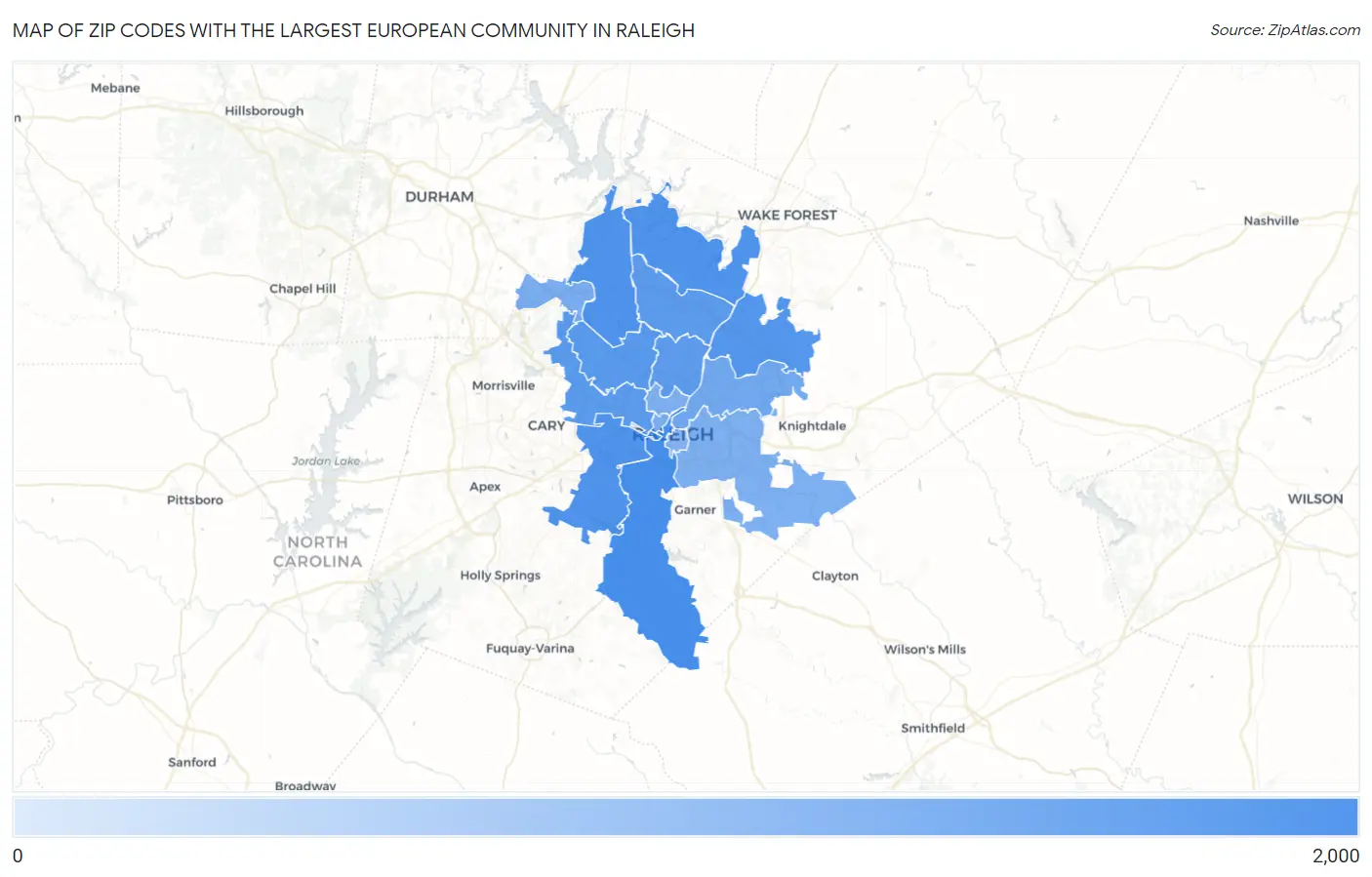 Zip Codes with the Largest European Community in Raleigh Map