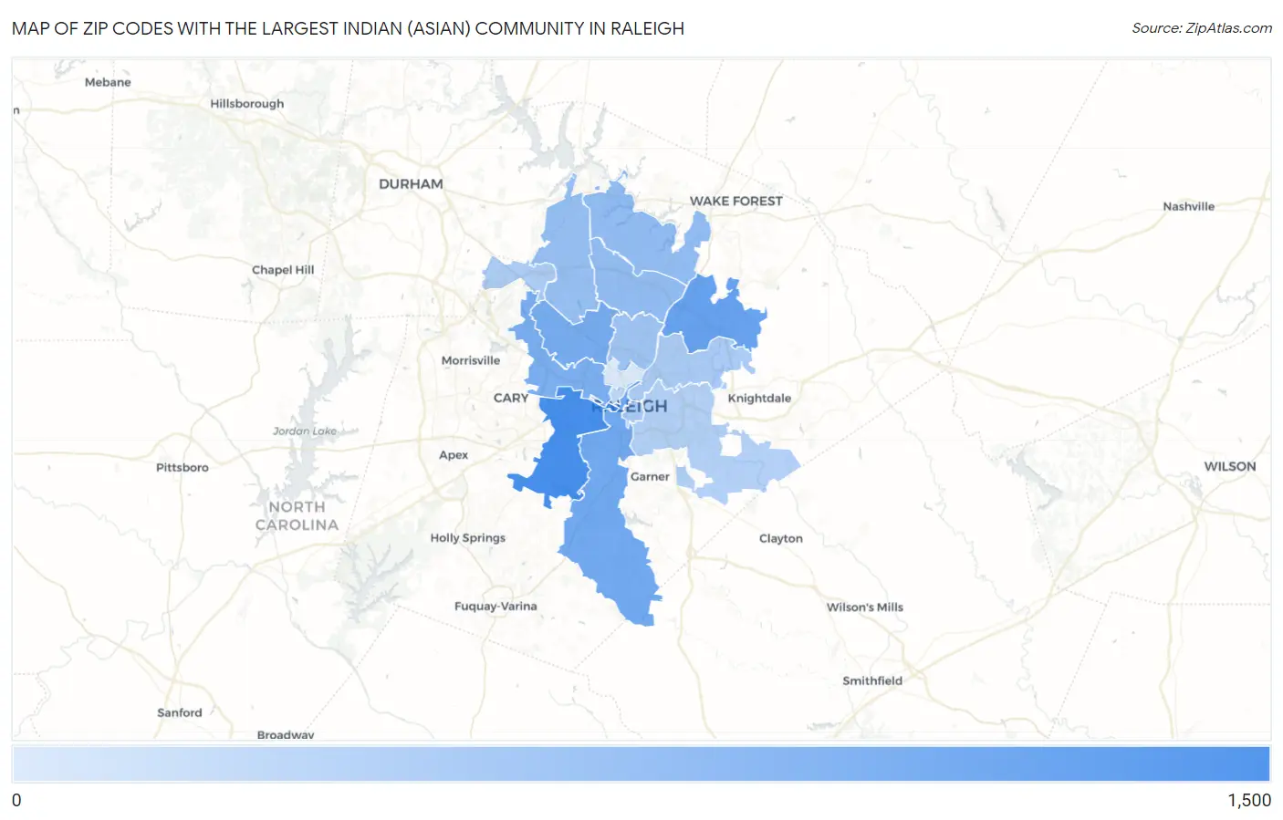 Zip Codes with the Largest Indian (Asian) Community in Raleigh Map