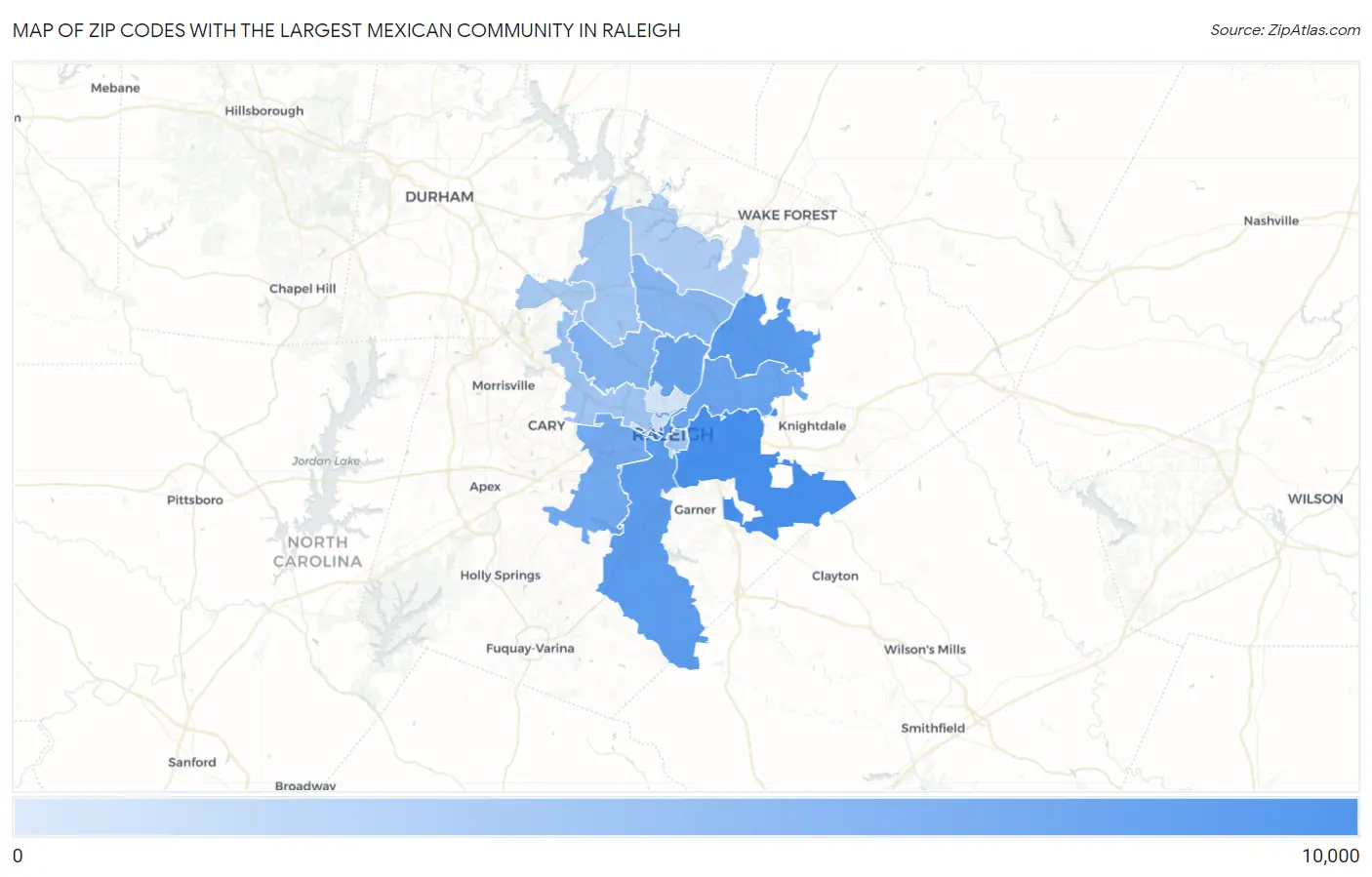 Zip Codes with the Largest Mexican Community in Raleigh Map