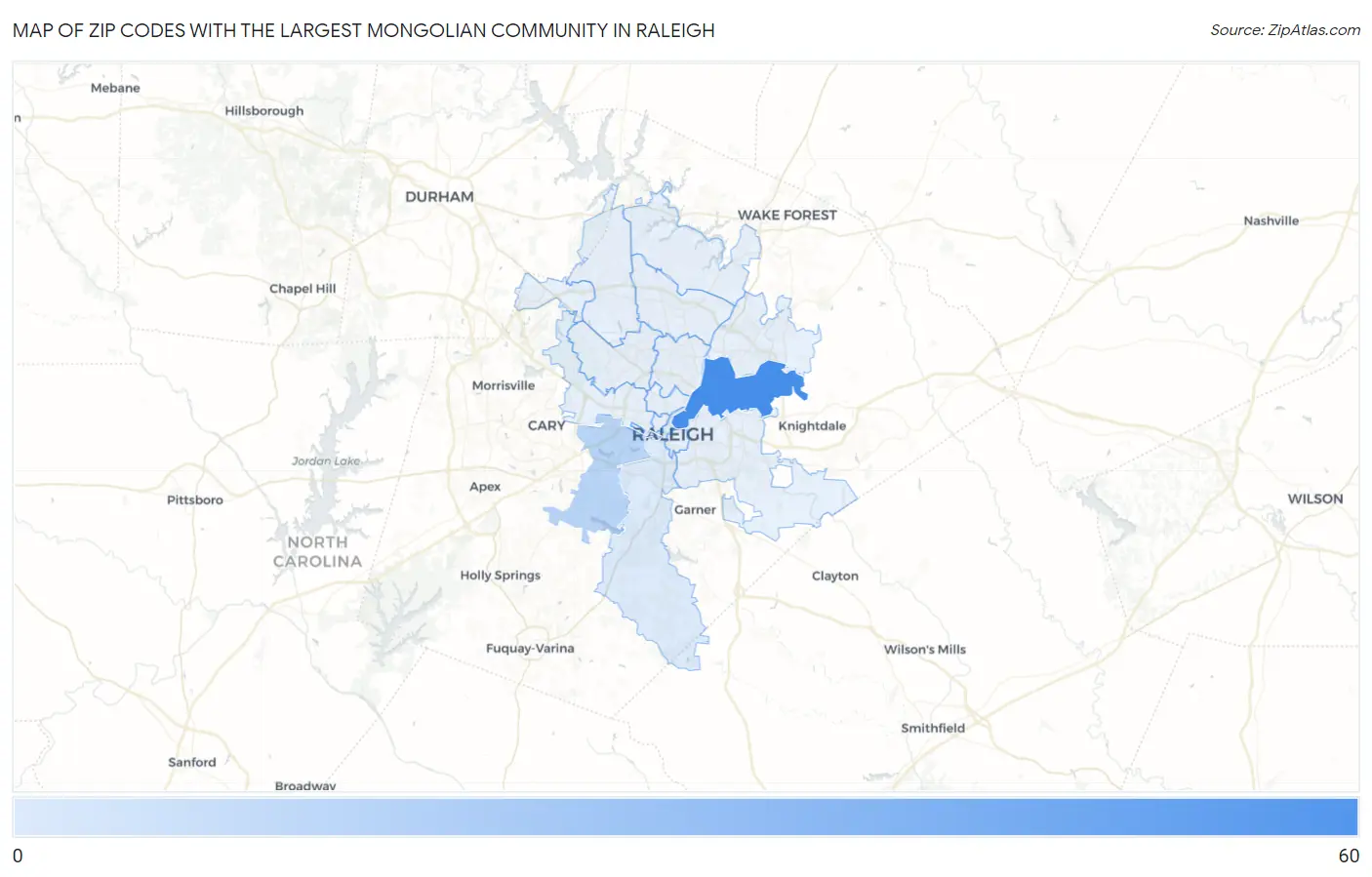 Zip Codes with the Largest Mongolian Community in Raleigh Map