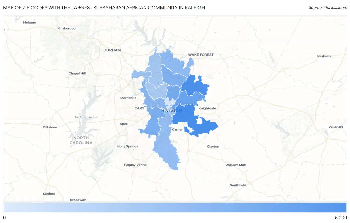 Zip Codes with the Largest Subsaharan African Community in Raleigh Map