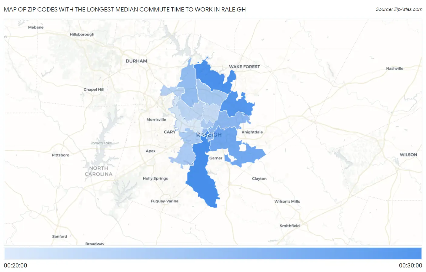 Zip Codes with the Longest Median Commute Time to Work in Raleigh Map