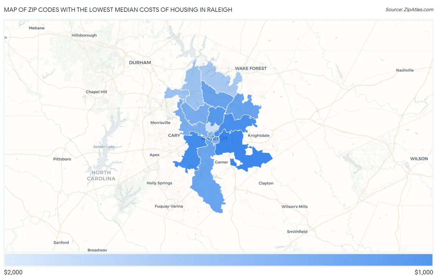 Zip Codes with the Lowest Median Costs of Housing in Raleigh Map