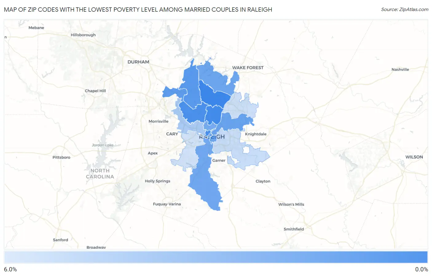 Zip Codes with the Lowest Poverty Level Among Married Couples in Raleigh Map