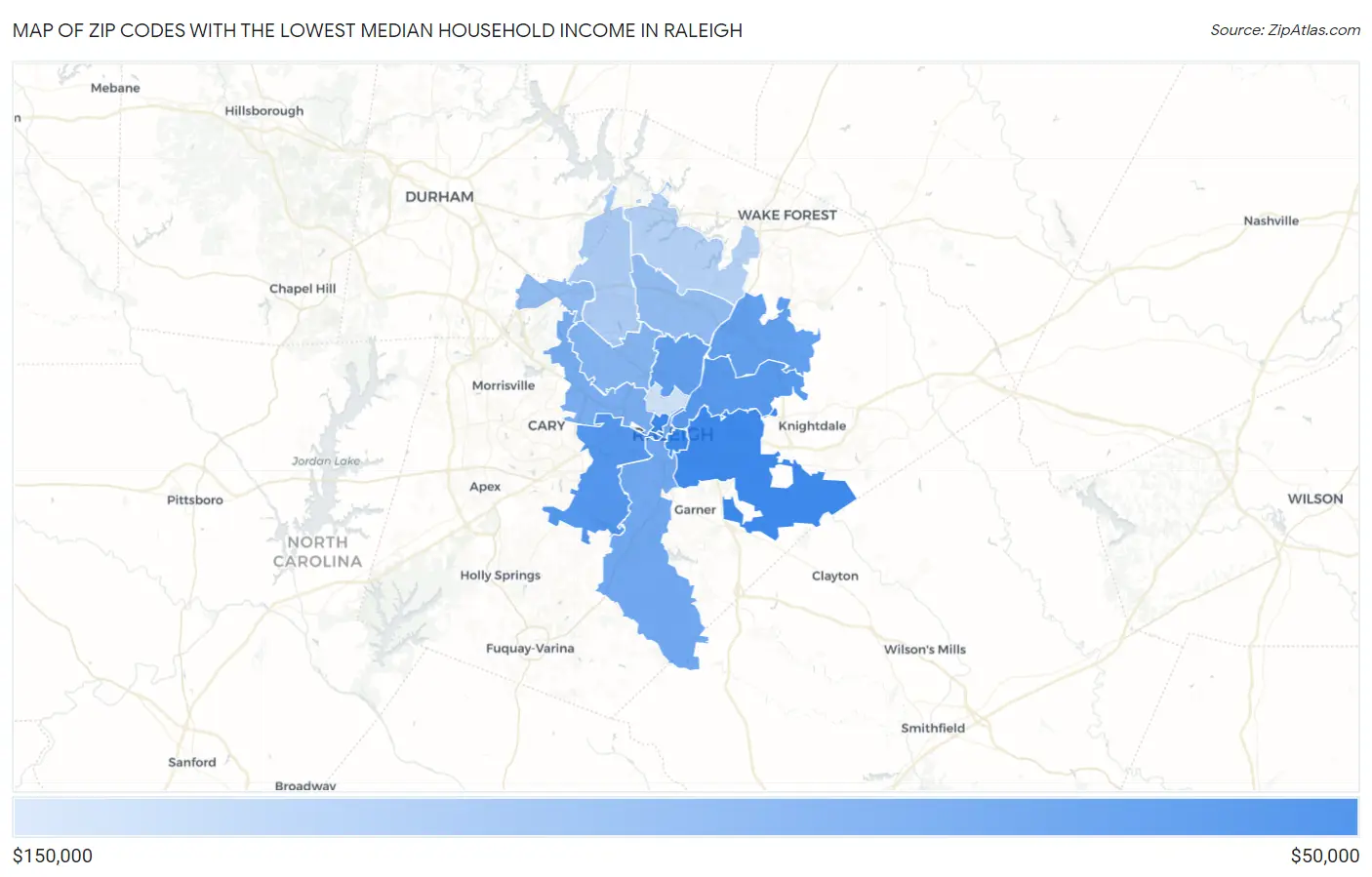 Zip Codes with the Lowest Median Household Income in Raleigh Map