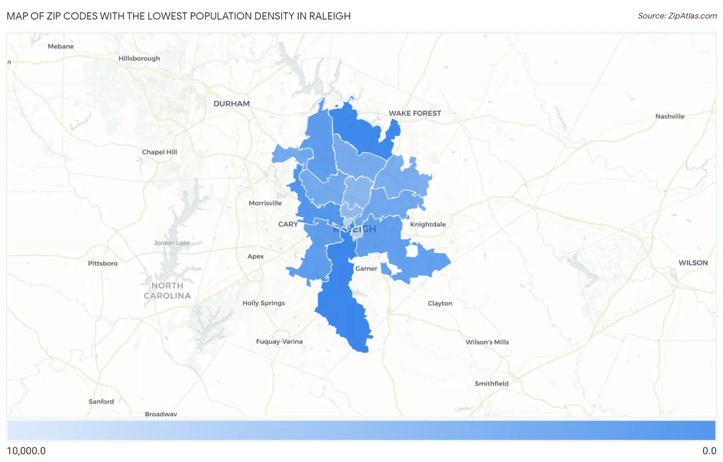 Zip Codes with the Lowest Population Density in Raleigh Map