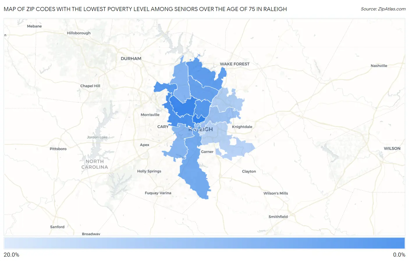 Zip Codes with the Lowest Poverty Level Among Seniors Over the Age of 75 in Raleigh Map