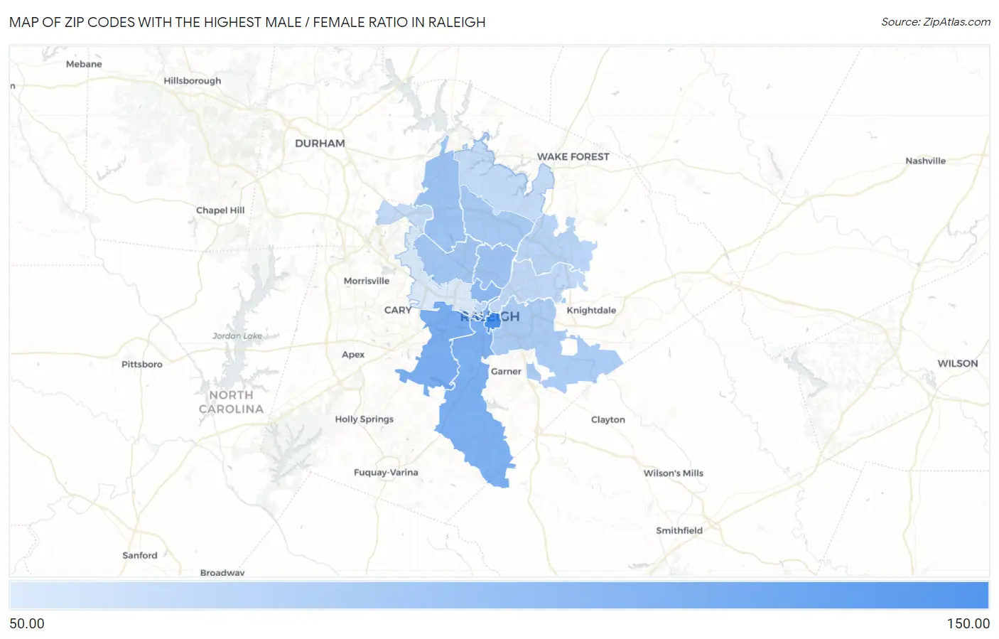Zip Codes with the Highest Male / Female Ratio in Raleigh Map