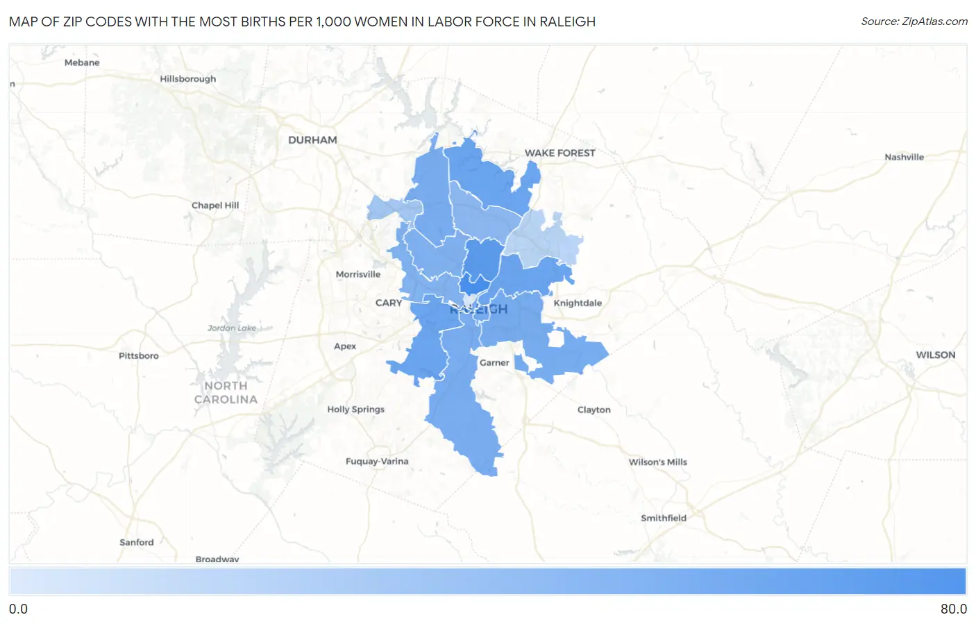 Zip Codes with the Most Births per 1,000 Women in Labor Force in Raleigh Map