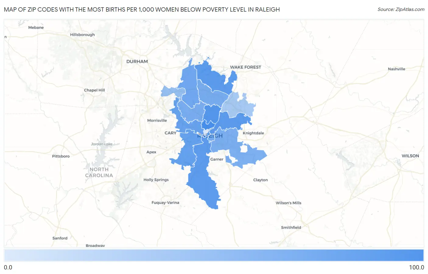Zip Codes with the Most Births per 1,000 Women Below Poverty Level in Raleigh Map