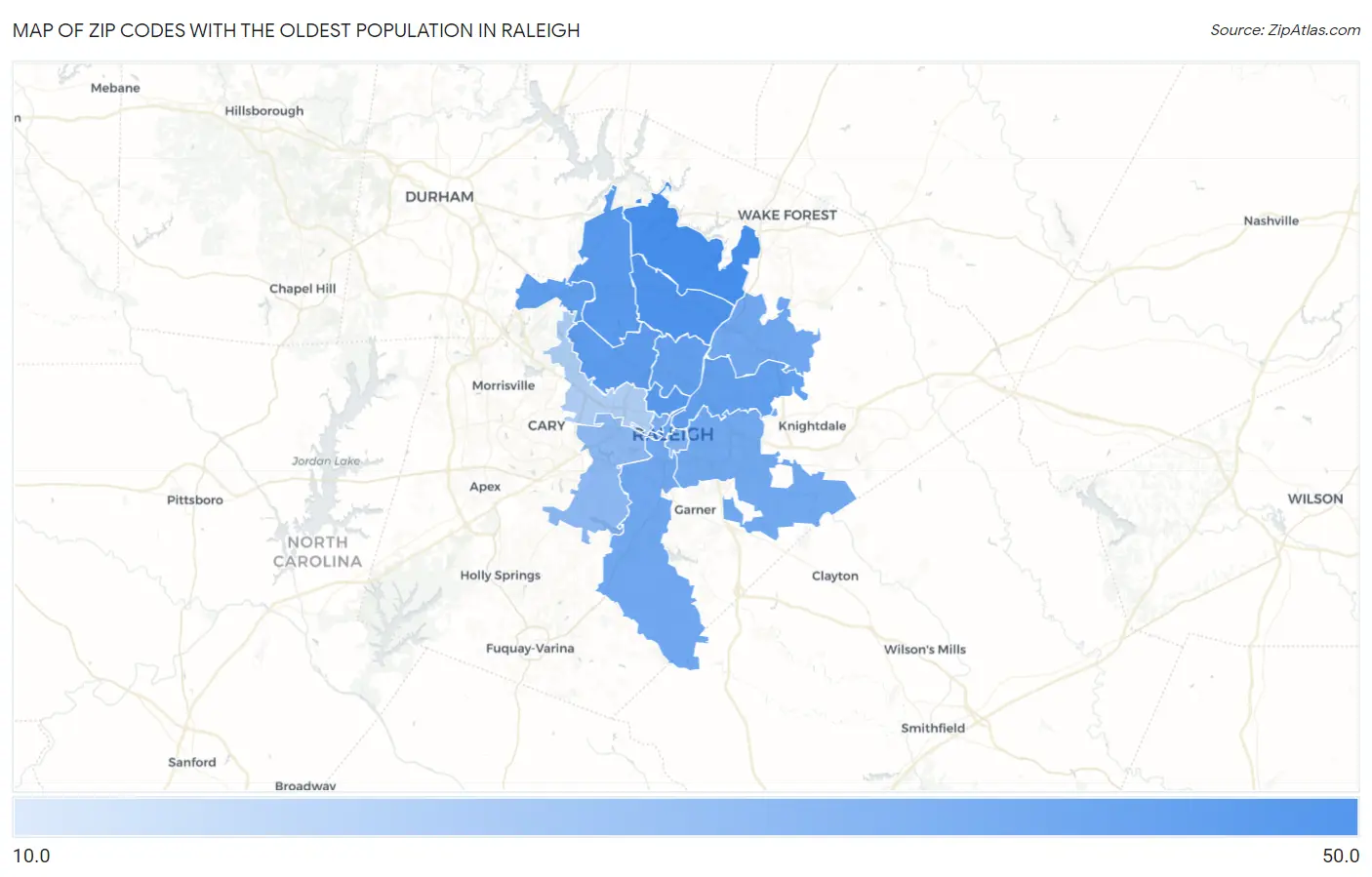 Zip Codes with the Oldest Population in Raleigh Map