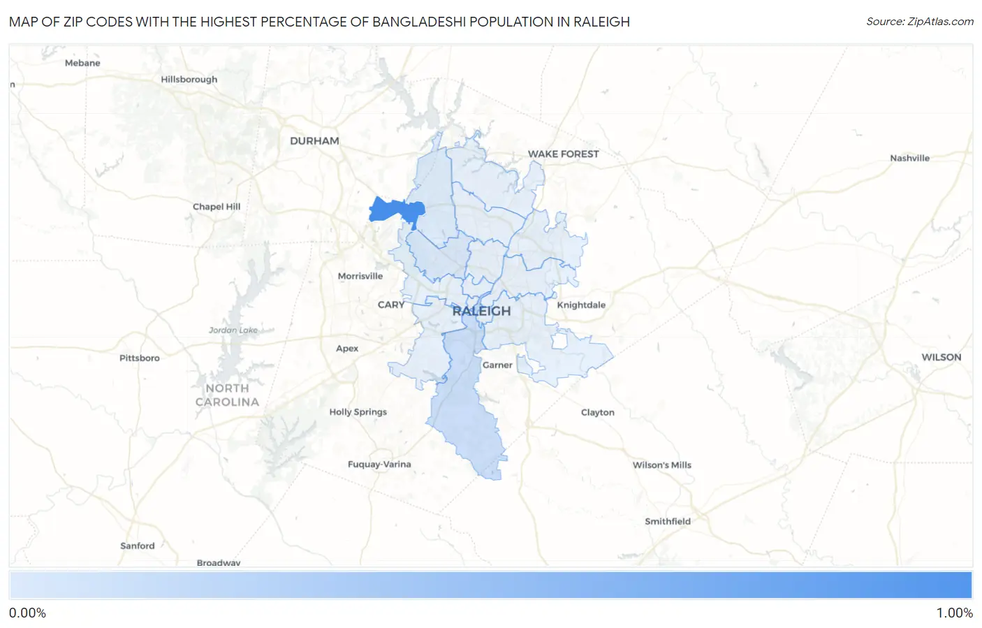 Zip Codes with the Highest Percentage of Bangladeshi Population in Raleigh Map