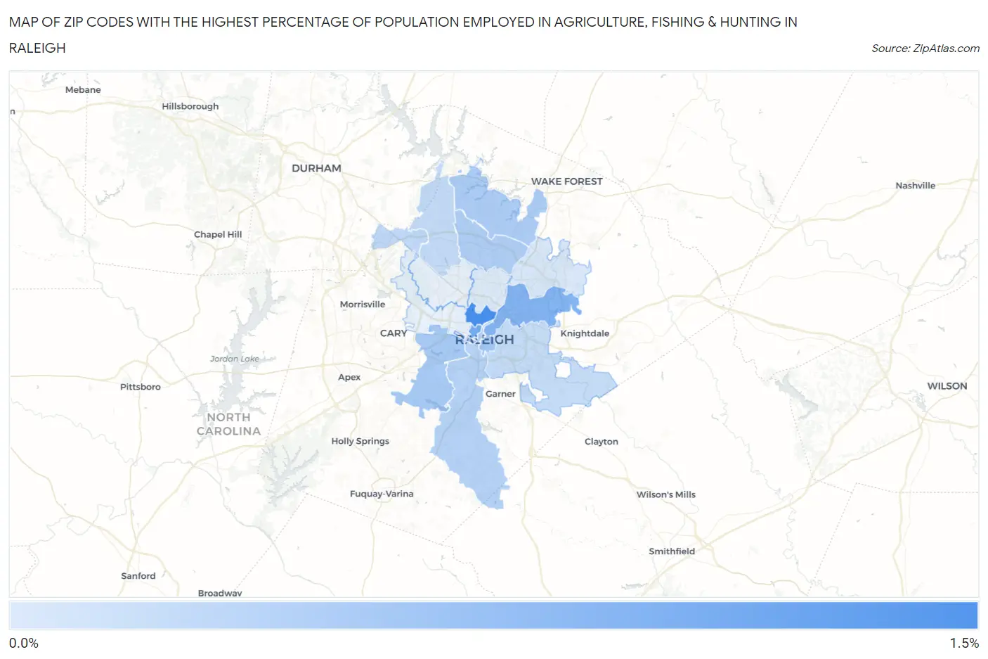 Zip Codes with the Highest Percentage of Population Employed in Agriculture, Fishing & Hunting in Raleigh Map