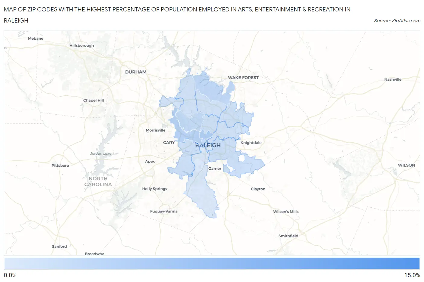 Zip Codes with the Highest Percentage of Population Employed in Arts, Entertainment & Recreation in Raleigh Map