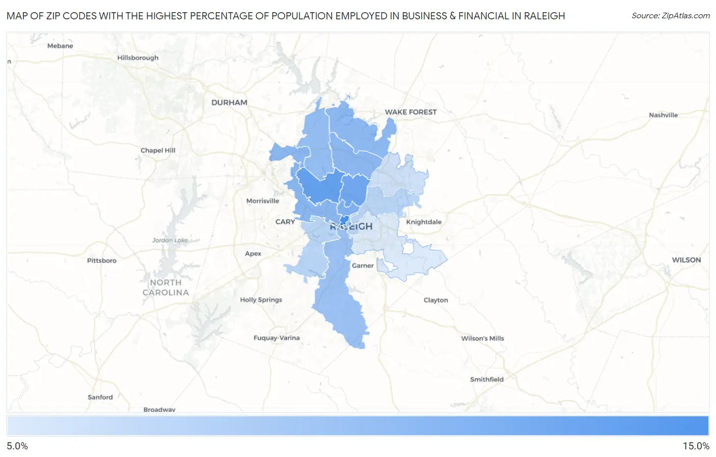 Zip Codes with the Highest Percentage of Population Employed in Business & Financial in Raleigh Map