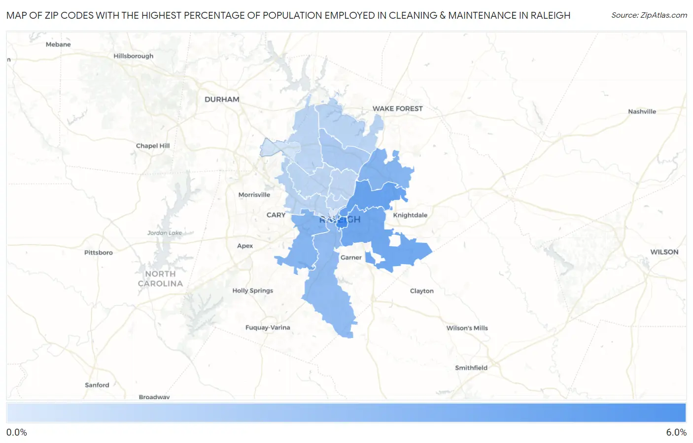 Zip Codes with the Highest Percentage of Population Employed in Cleaning & Maintenance in Raleigh Map