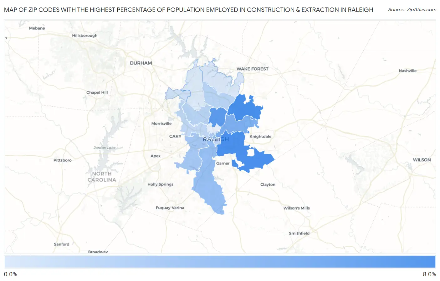 Zip Codes with the Highest Percentage of Population Employed in Construction & Extraction in Raleigh Map