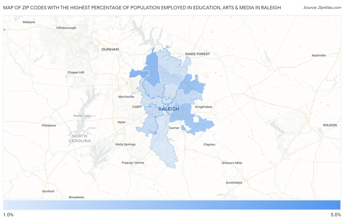 Zip Codes with the Highest Percentage of Population Employed in Education, Arts & Media in Raleigh Map