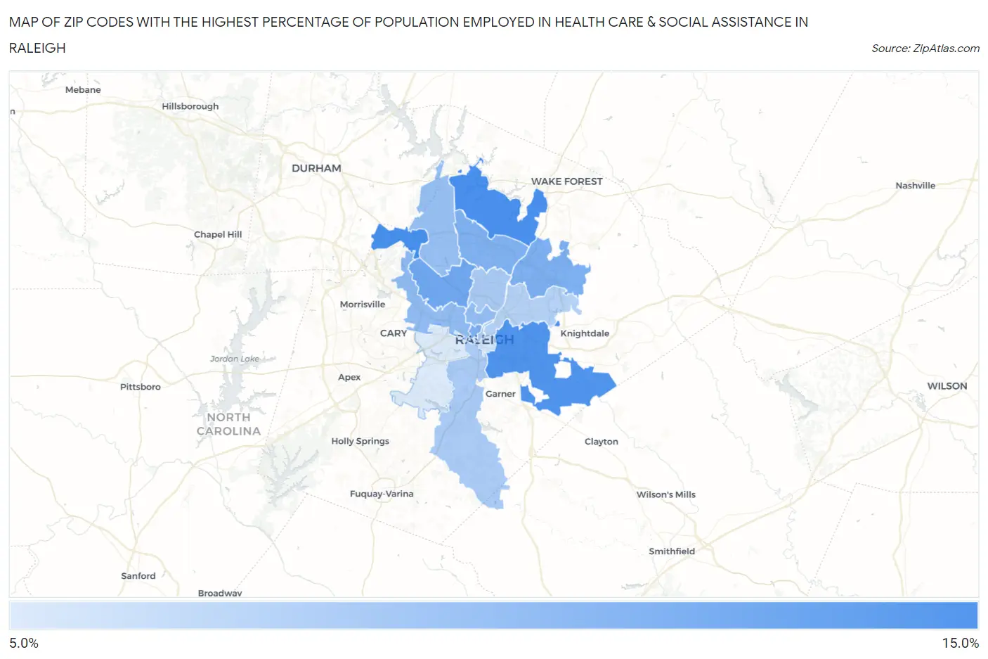 Zip Codes with the Highest Percentage of Population Employed in Health Care & Social Assistance in Raleigh Map
